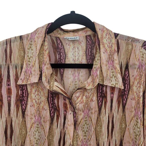 Vintage 70s Sheer Button Down Blouse XL Pink Metallic Geometric Striped Groovy - Picture 5 of 11
